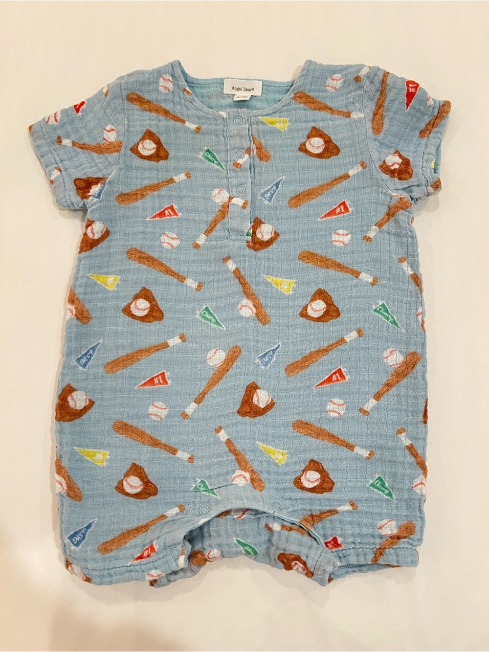 Angel Dear Light Blue Baseball Muslin Baby One-Piece - Picture 1 of 5